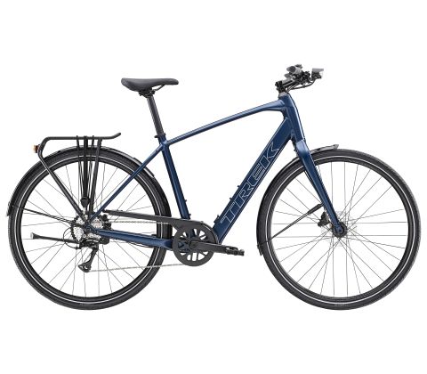 Trek FX+ 2 LT herre elcykel - let og sporty citybike - Satin Mulsanne Blue - Kibæk Cykler
