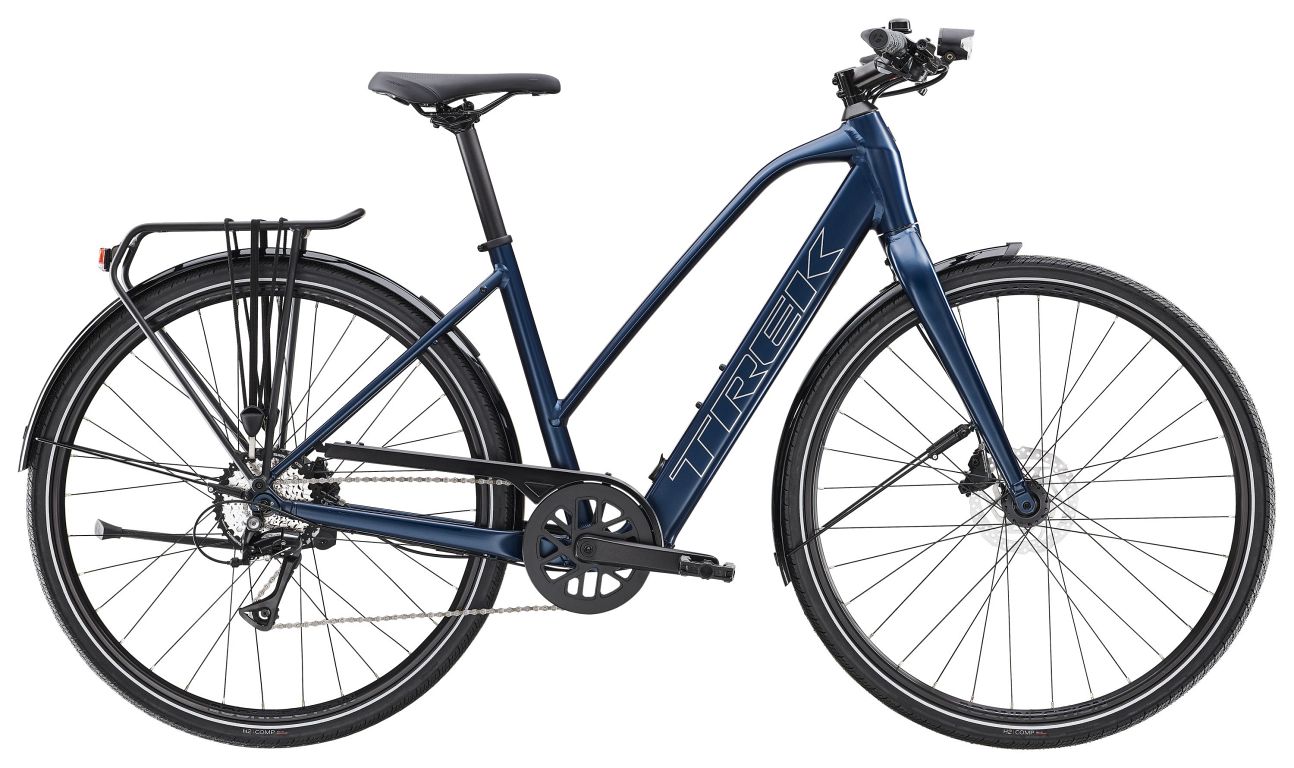Trek FX+ 2 Stagger LT - let og sporty elcykel - Satin Mulsanne Blue - Kibæk Cykler