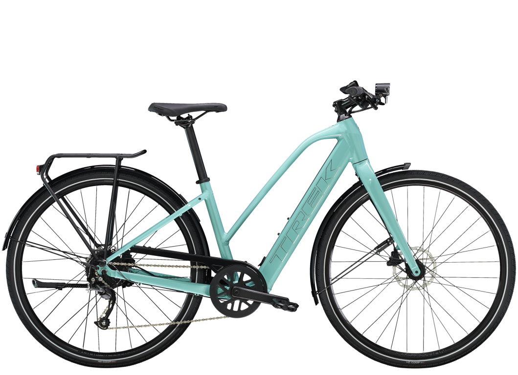 Trek FX+ 2 sporty elcykel til dame - lav vægt - Blue Sage - Kibæk Cykler