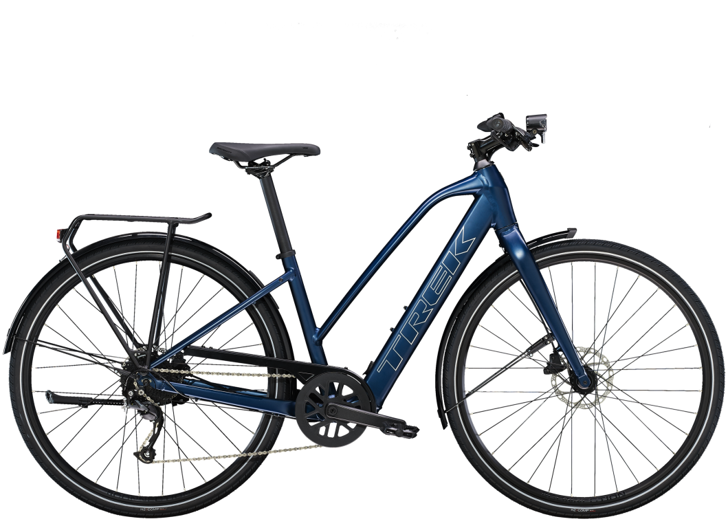 Trek FX+ 2 sporty elcykel til dame - lav vægt - Satin Mulsanne Blue - Kibæk Cykler