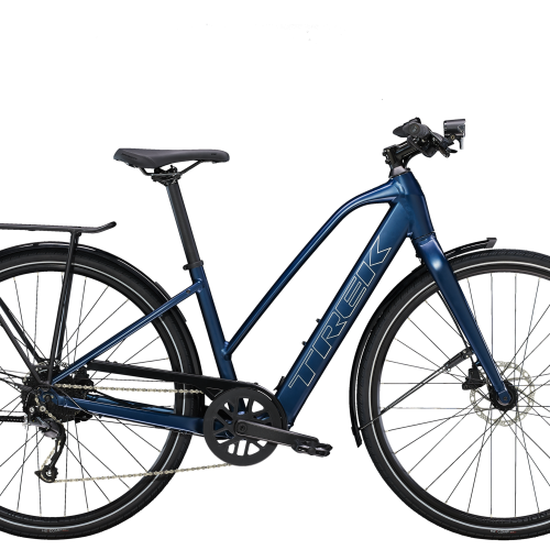 Trek FX+ 2 sporty elcykel til dame - lav vægt - Satin Mulsanne Blue - Kibæk Cykler