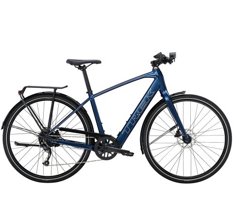 Trek FX+ 2 sporty elcykel - Satin Mulsanne Blue - Blå - Kibæk Cykler